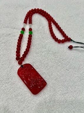 Jade Red Carved Pendant Necklace with Green Accent Beads